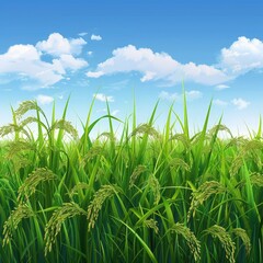 Fototapeta premium A field of rice plants with a blue sky in the background