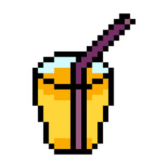 Lemon fruit juice with straw in glass in pixel art style