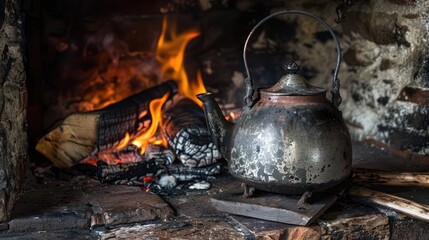 Iron kettle on hearth. Generative AI