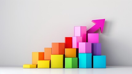 Colorful blocks arranged in an upward graph with an arrow indicating growth and success in business and finance.
