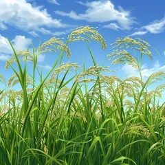 Obraz premium A field of rice plants with a blue sky in the background