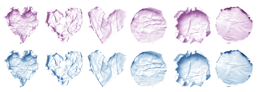 Collection set of pastel light blue purple crumpled crushed scrunched tear torn paper heart love, circle round shape on transparent cutout PNG. Many different design. Mockup template artwork graphic