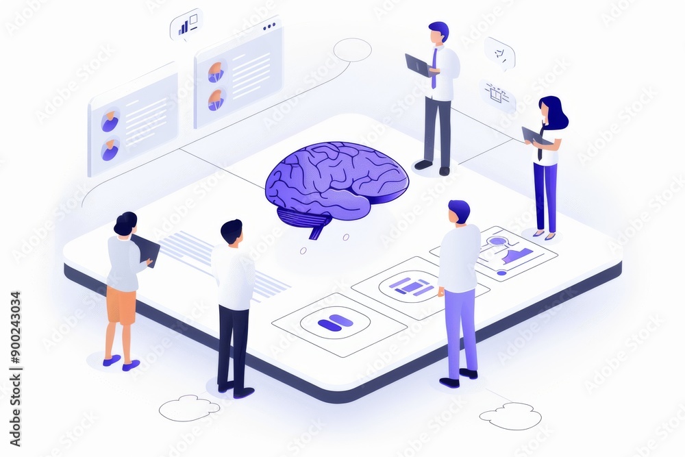 Aufkleber people discussing a digital brain in a high tech office representing advanced technology and neurosc