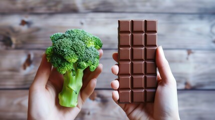A vibrant comparison of chocolate and broccoli, highlighting the impact of diet choices on fitness and weight loss. Perfect for illustrating healthy eating habits and nutrition.