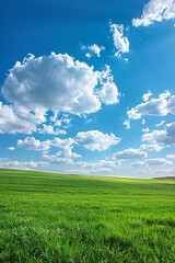 Obraz premium A vast green field under a bright blue sky with scattered white clouds, portraying the beauty of a sunny day in nature.