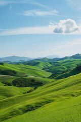 Obraz premium Rolling green hills under a clear blue sky, illustrating the serene and peaceful landscape of the countryside.