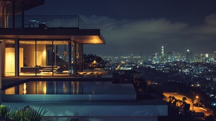 Luxurious Waterfront Home at Night. night view of the Lovely Home. AI-generated image 
