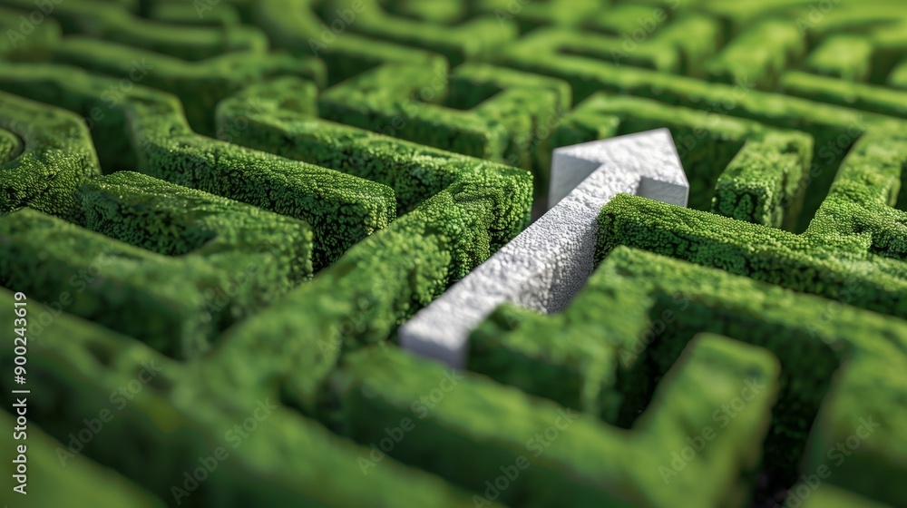 Poster a white arrow navigates through a complex green labyrinth, symbolizing the journey to finding a solu
