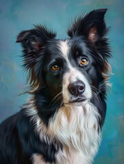 Fototapeta premium A black and white dog with a yellow nose and brown eyes