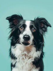 Fototapeta premium A black and white dog with a white face is staring at the camera