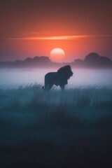 Lion Silhouette in Mist with Sunset in Background