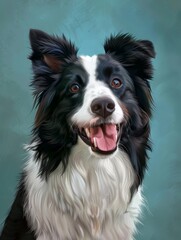 Fototapeta premium A black and white dog with a pink tongue is smiling and looking at the camera