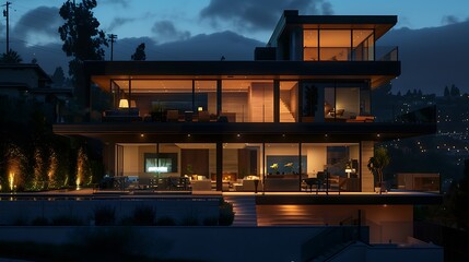 Luxurious Waterfront Home at Night. night view of the Lovely Home. AI-generated image 
