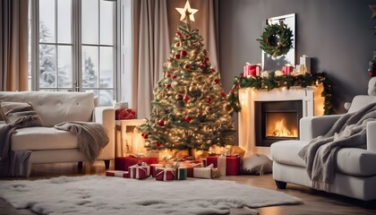 Festive Christmas Living Room with Decorated Tree and Cozy Atmosphere