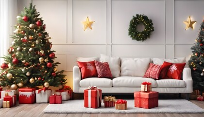 Festive Christmas Living Room with Decorated Tree and Cozy Atmosphere