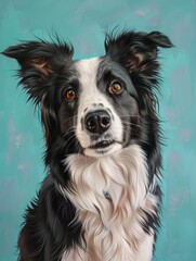 Fototapeta premium A black and white dog with a white spot on its face is staring at the camera