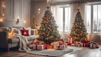 Obraz premium Festive Christmas Living Room with Decorated Tree and Cozy Atmosphere