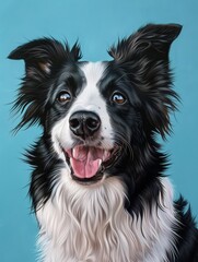 Fototapeta premium A black and white dog with a pink tongue is smiling and looking at the camera