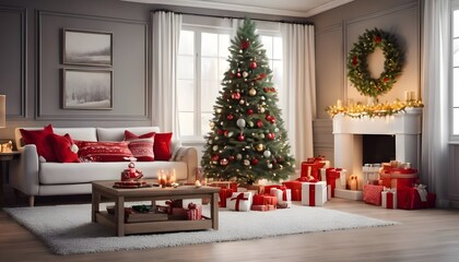 Festive Christmas Living Room with Decorated Tree and Cozy Atmosphere