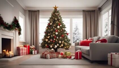 Festive Christmas Living Room with Decorated Tree and Cozy Atmosphere