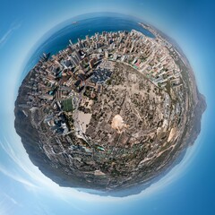 360 Degree aerial drone tiny planet photo of the city of Benidorm in Spain showing the whole of the...