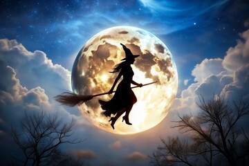 witch flying over the moon,A witch flying on a broomstick across a full moon.
