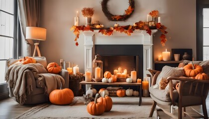 Cozy Autumn-Themed Living Room with Fireplace and Seasonal Decor