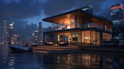 Luxurious Waterfront Home at Night. night view of the Lovely Home. AI-generated image 
