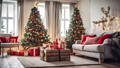 Festive Christmas Living Room with Decorated Tree and Cozy Atmosphere