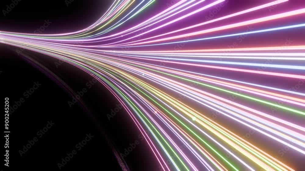 Poster dynamic curved neon light trails on black background