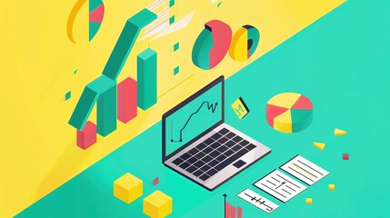 background with colorful Statistical charts and office utensils