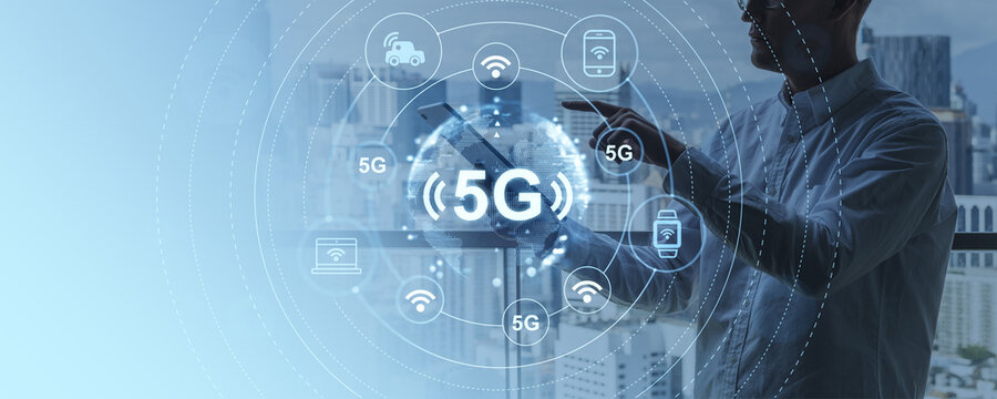 Businessman finger touch 5G icons, network and global connection