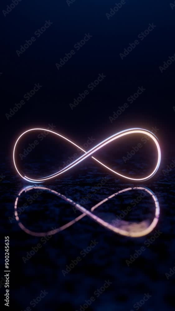 Poster infinity symbol with neon glow and reflection on dark surface