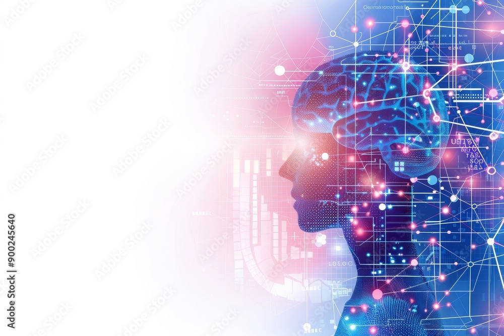 Poster digital brain with neural connections and a female profile representing the integration of neuroscie