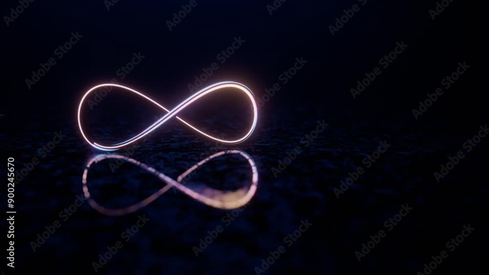 Poster infinity symbol with neon glow and reflection on dark surface