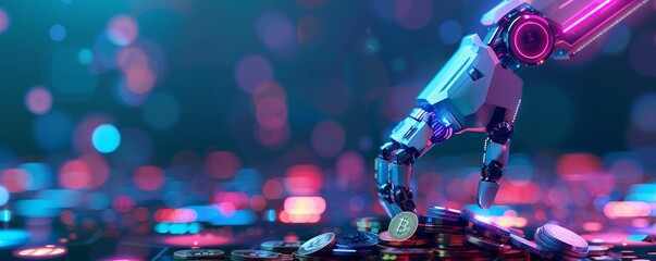 Robot Hand Holding Cryptocurrency Coins in Neon Lights