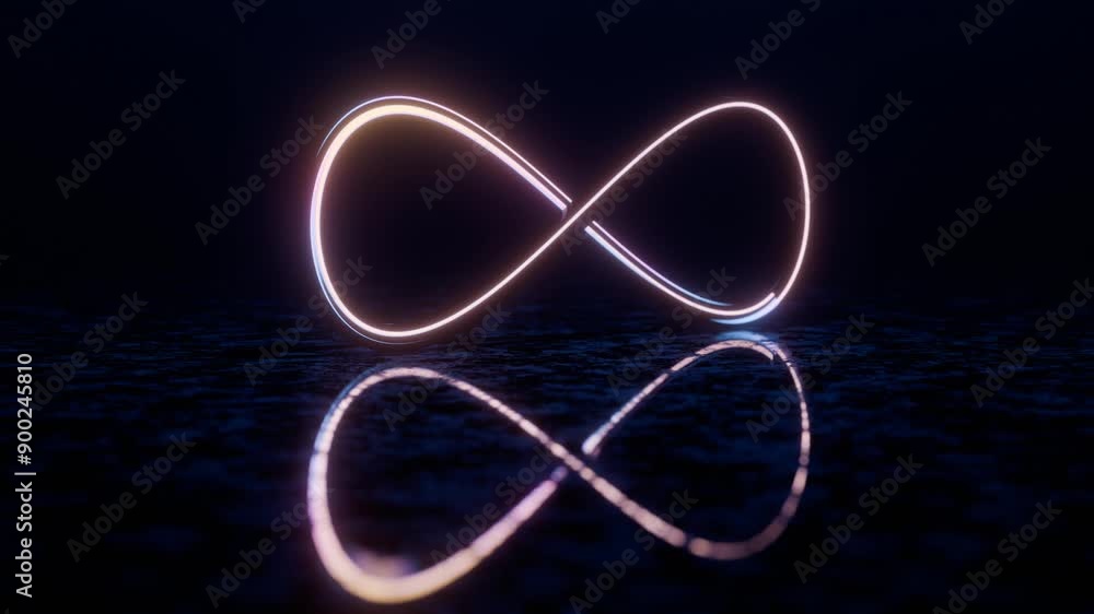 Poster infinity symbol with neon glow and reflection on dark surface