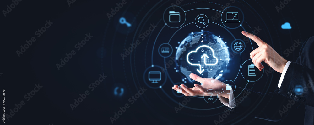 Poster man finger touch cloud service hologram and global data storage. copy space