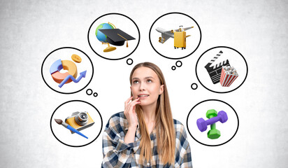 Young woman thinking, clouds with different career options