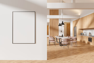 Modern kitchen interior with blank poster on white wall. 3D Rendering