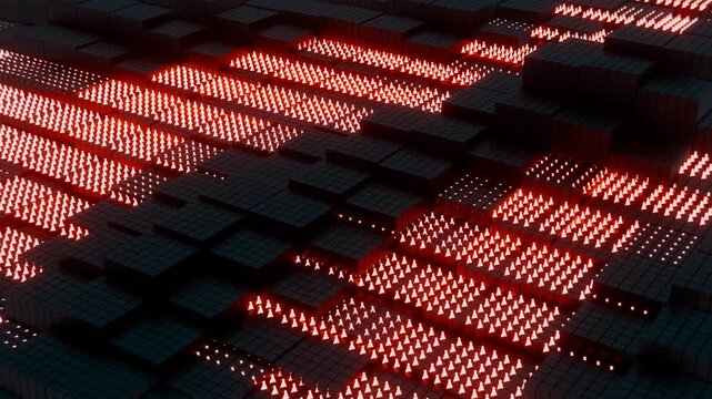 Abstract Dark Geometric Blocks with Red and Yellow Light Accents


