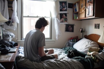 Contemplative Student Embracing Memories - Freshman Reflecting on Family Photo in College Dorm Room