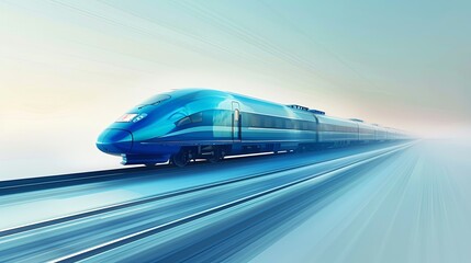 Naklejka premium High-speed train, blue with light blue accents, moving fast in the background of light blue and gray gradient background, 3D rendering