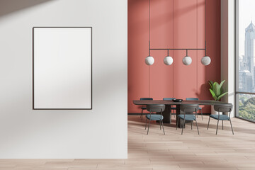 Blank poster mockup on white wall in modern dining room. 3D Rendering