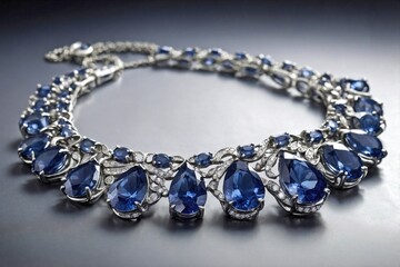 Sapphire Necklace on Light Gray Background: A statement sapphire necklace arranged in a gentle curve on a light gray background.