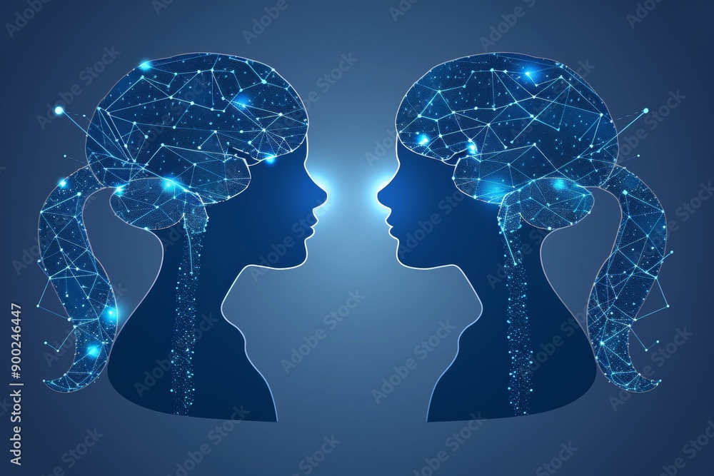 Poster two digital brains facing each other symbolizing the concept of communication and neural connections