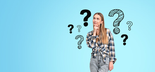 Woman thinking with question marks on a blue background.