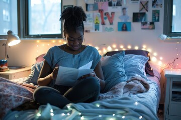 Young Student Writing Heartfelt Letter to Family in Cozy Dorm Room Setting