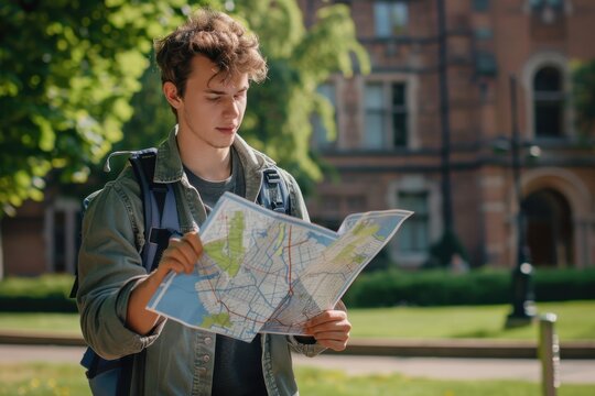 Young student with backpack studying a map of college campus, planning route to classes
