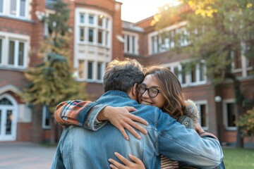 Loving Farewell: Emotional Moment as Student Embraces Parents Outside Dormitory | Realistic College Life Scene